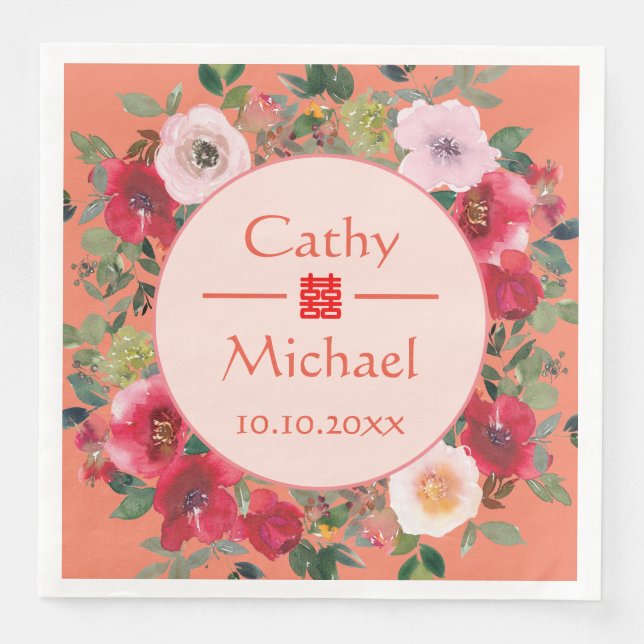 Orange circle floral wreath modern Chinese wedding Napkin (Front)