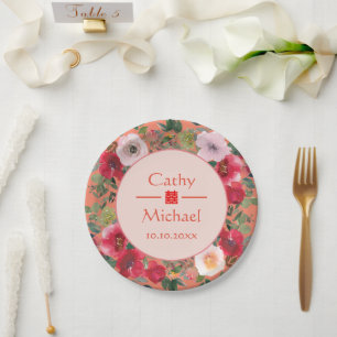 Orange circle floral wreath modern Chinese wedding Paper Plate
