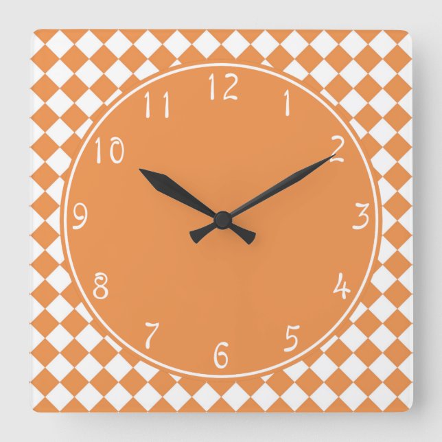 Orange Circle Peach Diamond Chequerboard pattern Square Wall Clock (Front)