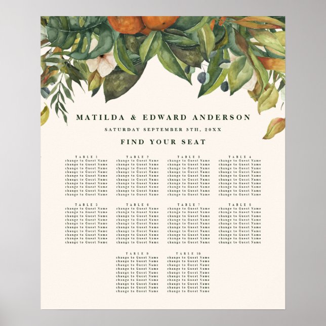 Orange citrus botanica floral wedding seating plan poster (Front)