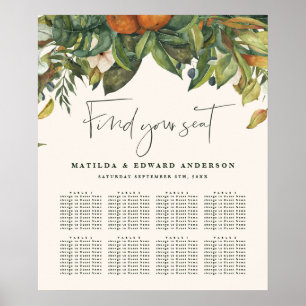 Orange citrus botanica floral wedding seating plan poster
