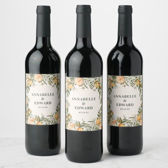 Orange citrus elegant modern minimal wedding wine label (Bottles)