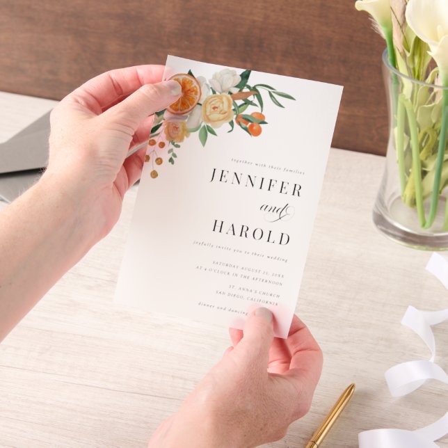 Orange Citrus Floral Minimal Wedding Overlay Vellum Invitations (Handheld)