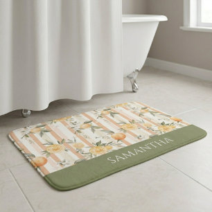Orange Citrus Floral Peach Stripe Name Bath Mat