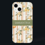 Orange Citrus Floral Peach Stripe Name Case-Mate iPhone 14 Case<br><div class="desc">This personalized iPhone 14 case, features watercolor oranges, blossoms, and greenery over soft peach and cream stripes. Personalize with your name.</div>