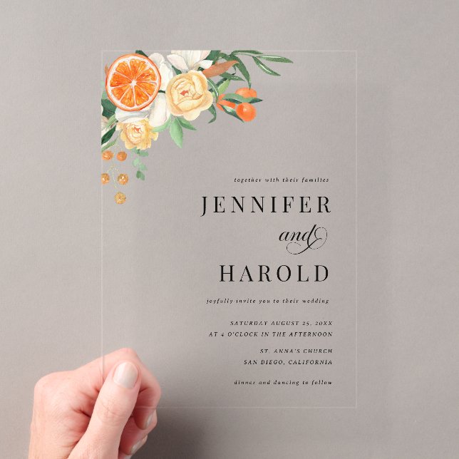 Orange Citrus Floral Summer Transparent Wedding Acrylic Invitations (Insitu (Handheld))