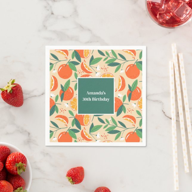 Orange Citrus Fruit Retro Pattern Birthday Napkin (Insitu)