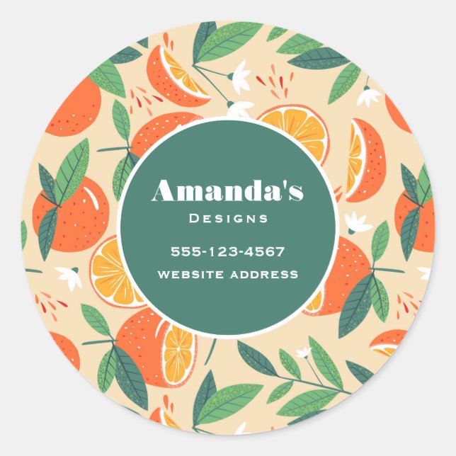 Orange Citrus Fruit Retro Pattern Business Classic Round Sticker (Front)