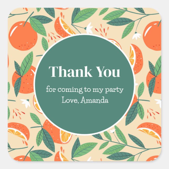 Orange Citrus Fruit Retro Pattern Party Thank You Square Sticker (Front)