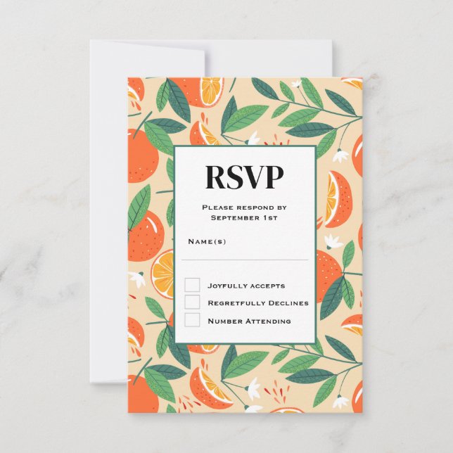 Orange Citrus Fruit Retro Pattern Wedding RSVP Card (Front)