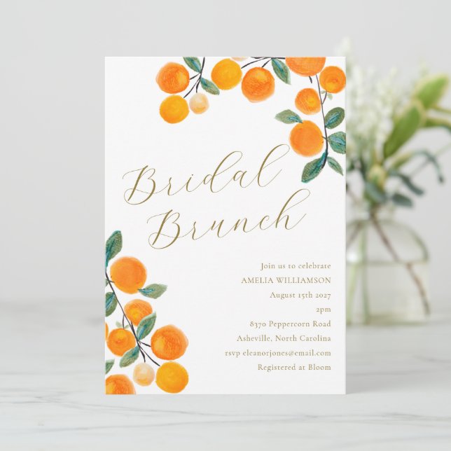 Orange Citrus Fruit Watercolor Bridal Brunch Invitation (Standing Front)
