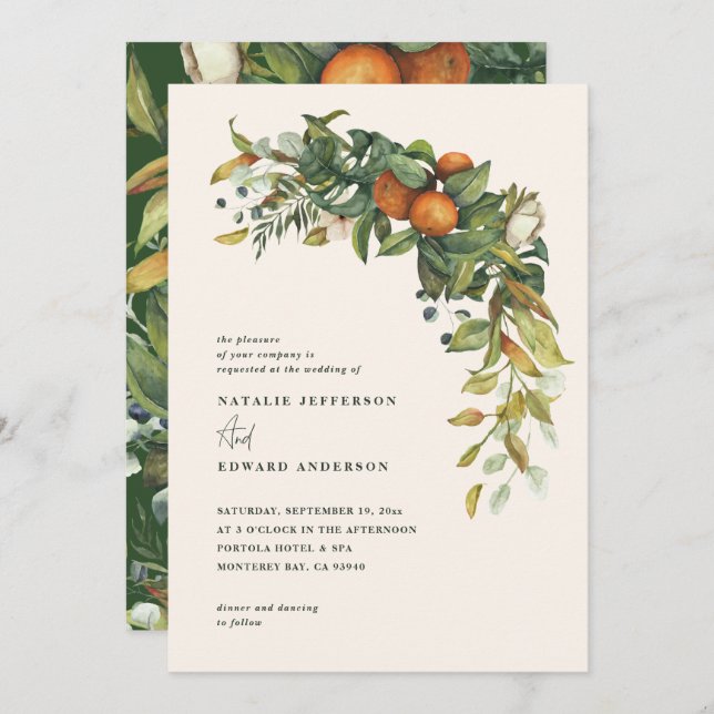 Orange citrus green watercolor botanical wedding (Front/Back)
