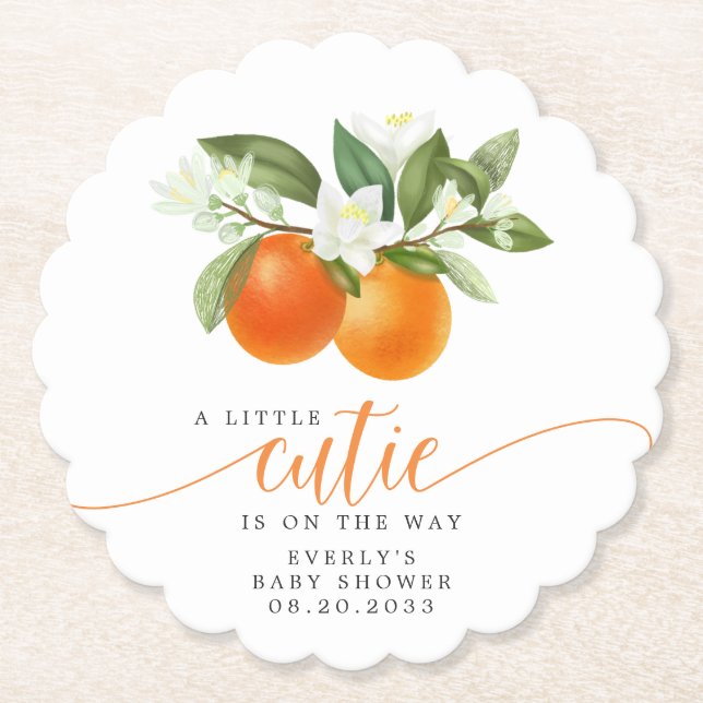 Orange Citrus Little Cutie On The Way Baby Shower Paper Coaster (Front)