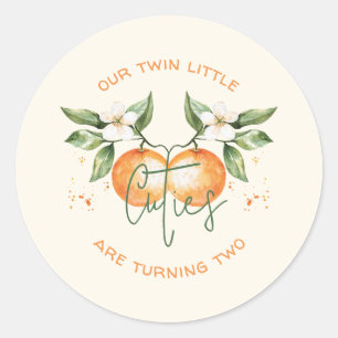 Orange Citrus Little Cutie Twin Birthday Favour Classic Round Sticker