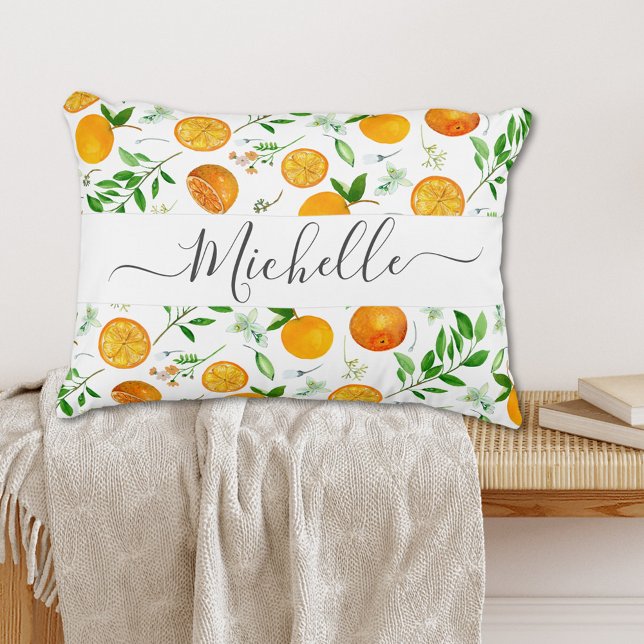 Orange Citrus Summer Floral Botanical Pattern Accent Pillow (In situ)