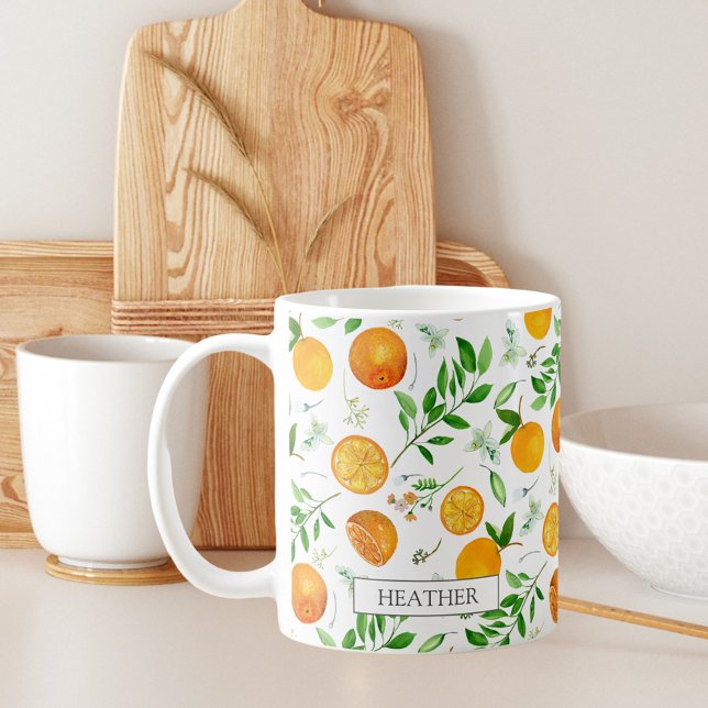 Orange Citrus Summer Floral Botanical Pattern Coffee Mug (In situ)