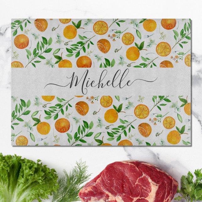 Orange Citrus Summer Floral Botanical Pattern Cutting Board (In situ)