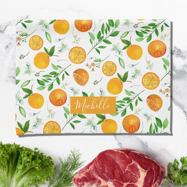 Orange Citrus Summer Floral Botanical Pattern Kitchen Towel (In situ)