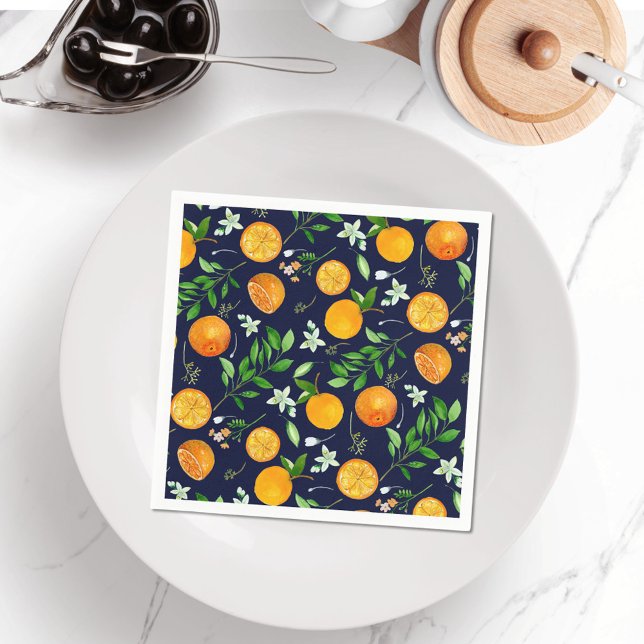 Orange Citrus Summer Floral Botanical Pattern Napkin (In situ)