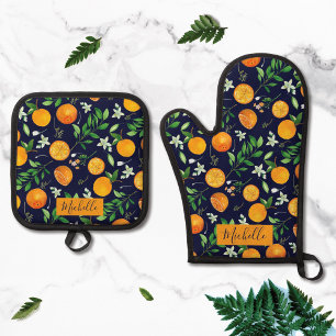 Orange Citrus Summer Floral Botanical Pattern Oven Mitt & Pot Holder Set