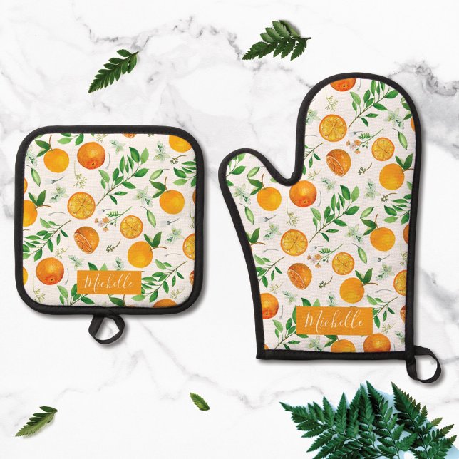 Orange Citrus Summer Floral Botanical Pattern Oven Mitt & Pot Holder Set (Close up)