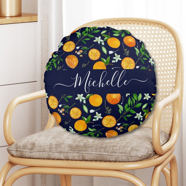 Orange Citrus Summer Floral Botanical Pattern Round Pillow (In situ)