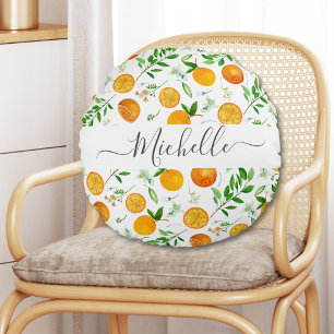 Orange Citrus Summer Floral Botanical Pattern Round Pillow