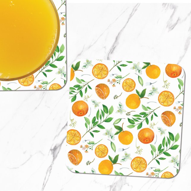 Orange Citrus Summer Floral Botanical Pattern Square Paper Coaster (In situ)