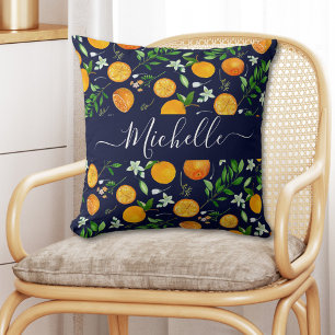Orange Citrus Summer Floral Botanical Pattern Throw Pillow
