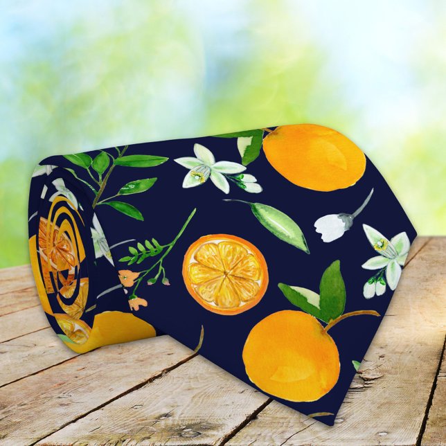 Orange Citrus Summer Floral Botanical Pattern Tie (Close up)