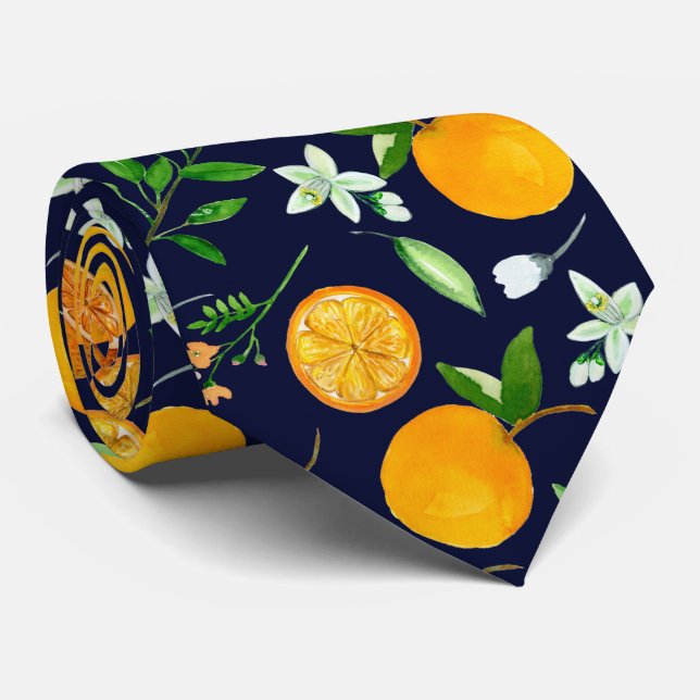 Orange Citrus Summer Floral Botanical Pattern Tie (Rolled)