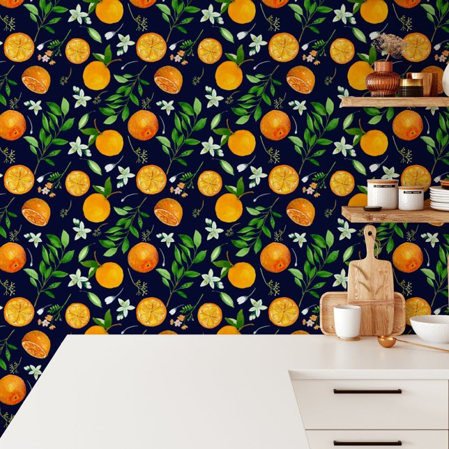 Orange Citrus Summer Floral Botanical Pattern Wallpaper (In situ)