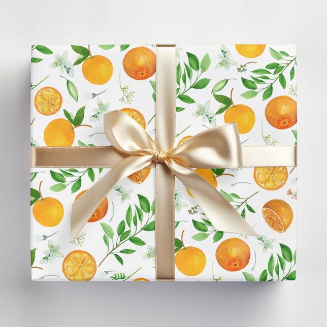 Orange Citrus Summer Floral Botanical Pattern Wrapping Paper Sheet (In situ)