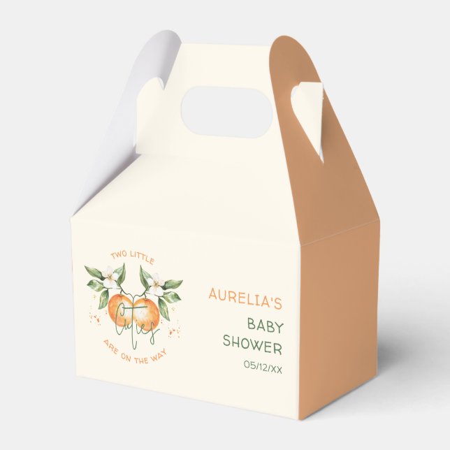 Orange Citrus Two Little Cuties Twin Baby Shower Favor Box (Front Side)