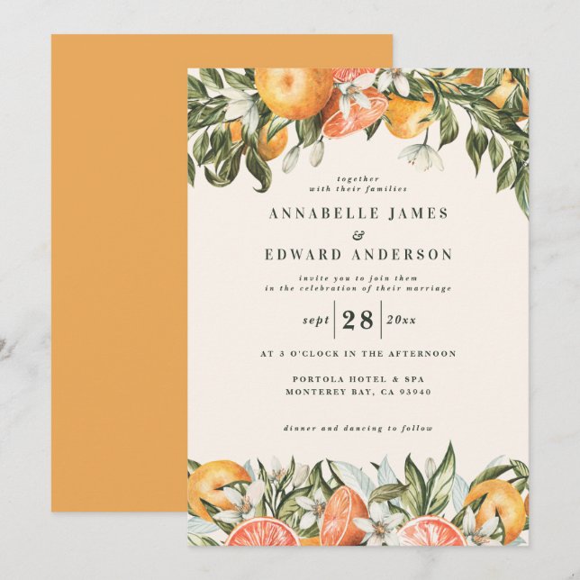 Orange citrus watercolor botanical modern wedding (Front/Back)