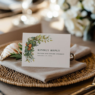 Orange Citrus Watercolor Botanical Wedding RSVP Card