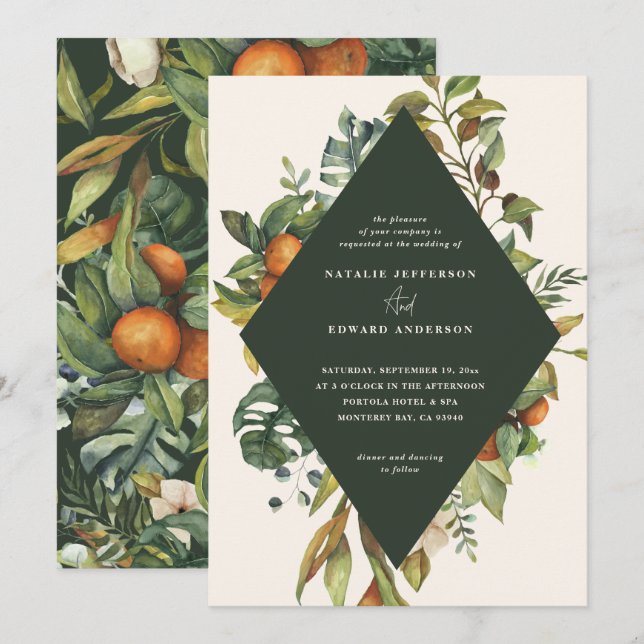 Orange citrus watercolor botanical wedding save the date (Front/Back)