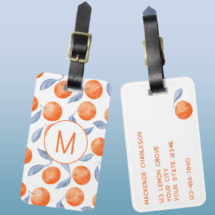 Orange Citrus Watercolor Monogram Mediterranean Luggage Tag