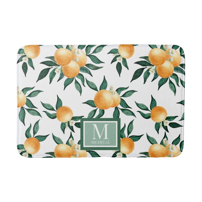 Orange Citrus Watercolor Monogram Name Bath Mat (Front)