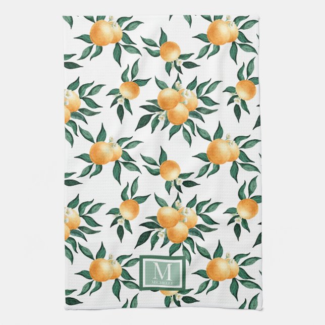 Orange Citrus Watercolor Monogram Name  Kitchen Towel (Vertical)