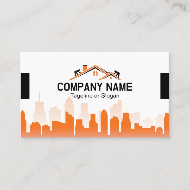 Orange Cityscape Home Builder Construction Business Card (Front)