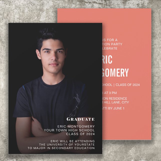 Orange Class of 2024 Boy's Graduation Party Photo  Invitation (Orange and white graduation photo announcement/invitation for the class of 2024 or any year.)