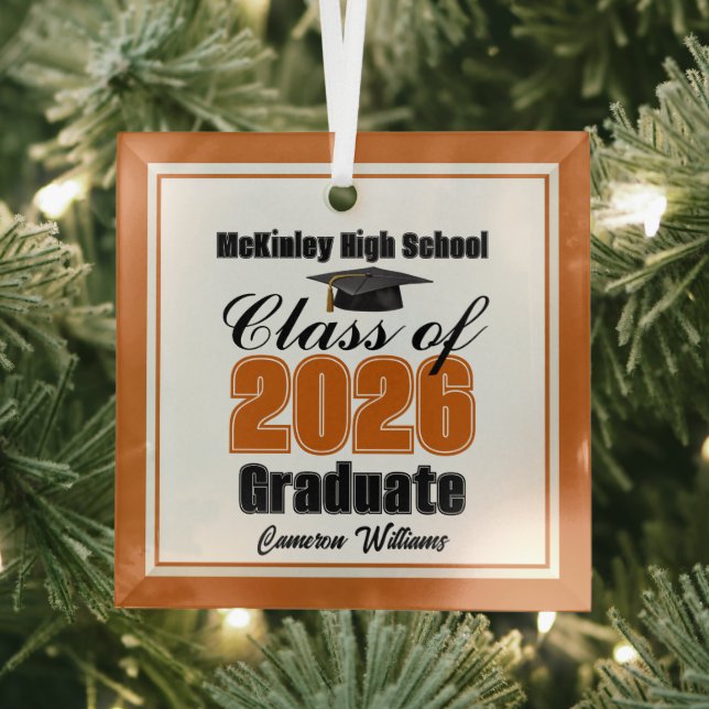 Orange Class of 2026 Graduation Custom Christmas Glass Ornament (Insitu)