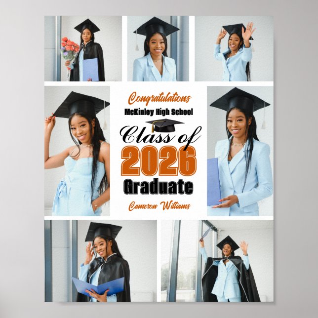 Orange Class of 2026 Graduation Photo Collage Poster (Front)