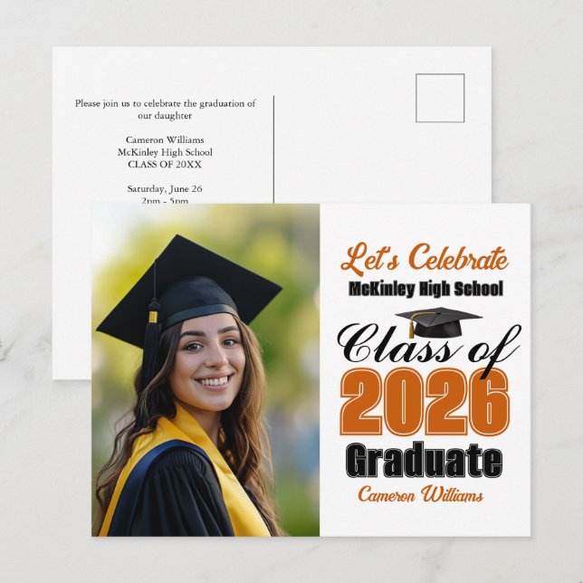 Orange Class of 2026 Photo Graduation Party Invitation Postcard (Front/Back)