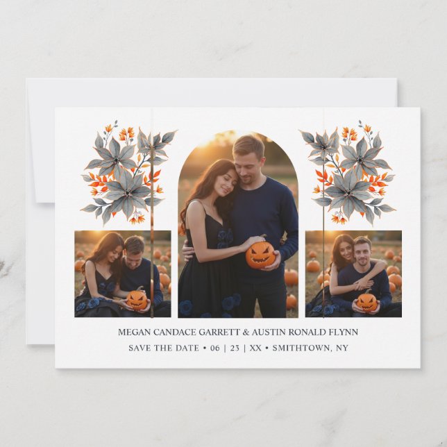 Orange Climbing Arch Grey Bouquets 3-Photo Collage Save The Date (Front)