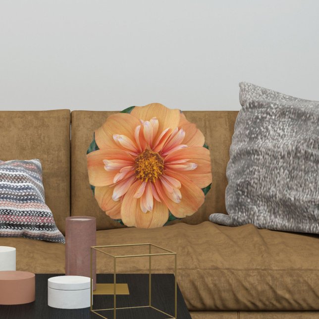Orange Collarette Dahlia Floral Round Pillow (In Situ)