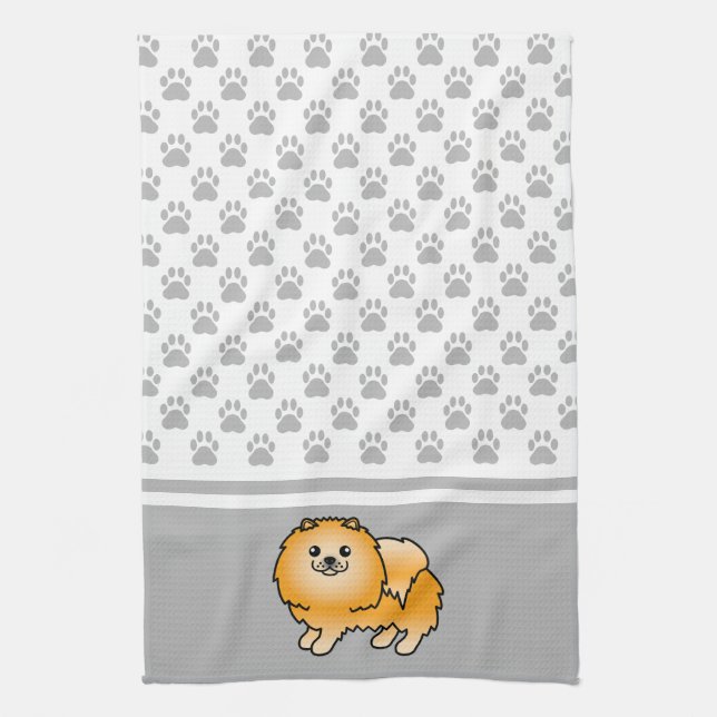 Orange Colour Pomeranian With Grey Paws Pattern Kitchen Towel (Vertical)