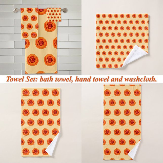Orange Colour Rose Flower Seamless Pattern on Bath Towel Set (Orange color Rose flower seamless pattern on towel set: wash cloth, hand towel and bath towel)