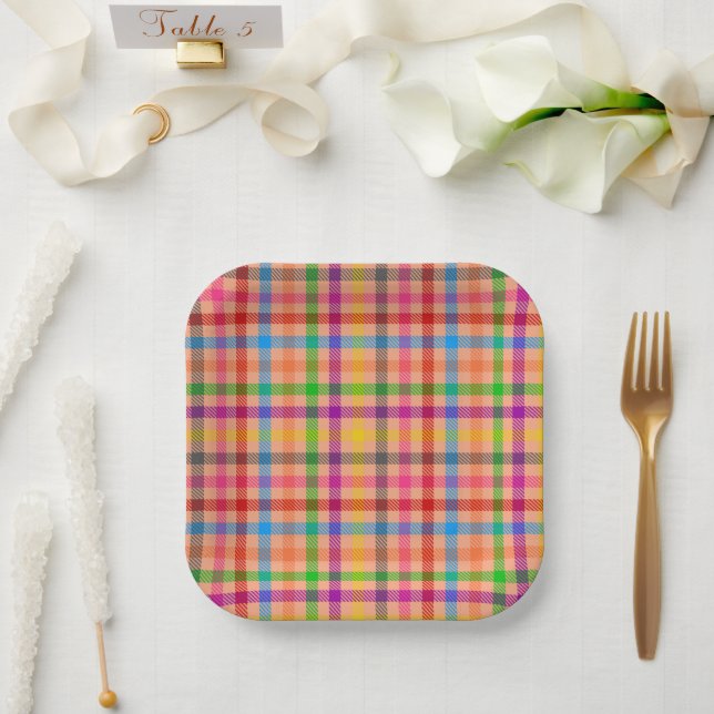 Orange Colourful Gingham Plaid Pattern  Paper Plate (Wedding)